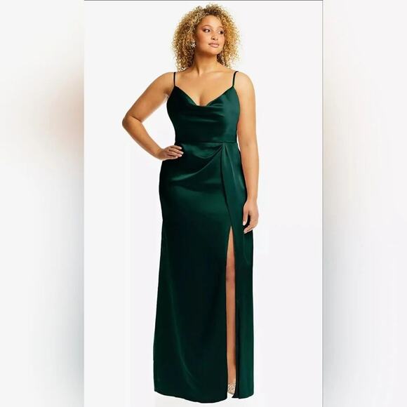 Dessy Group cowl necked wrap maxi dress w/ front slit in Evergreen NWT sz 22W - Picture 1 of 16